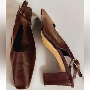 🟤ESPANOLA TOO🟤 LEATHER SQUARE TOE BLOCK 2”HEEL SLINGBACK (PAULA) PUMPS